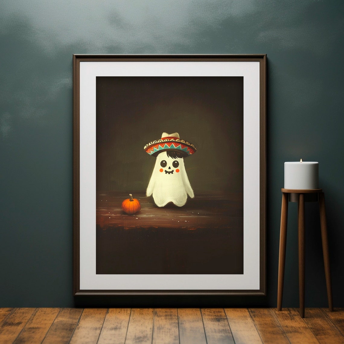 Cute Ghost Wearing Sombrero Pumpkin Halloween Dark Academia Poster - Image 6