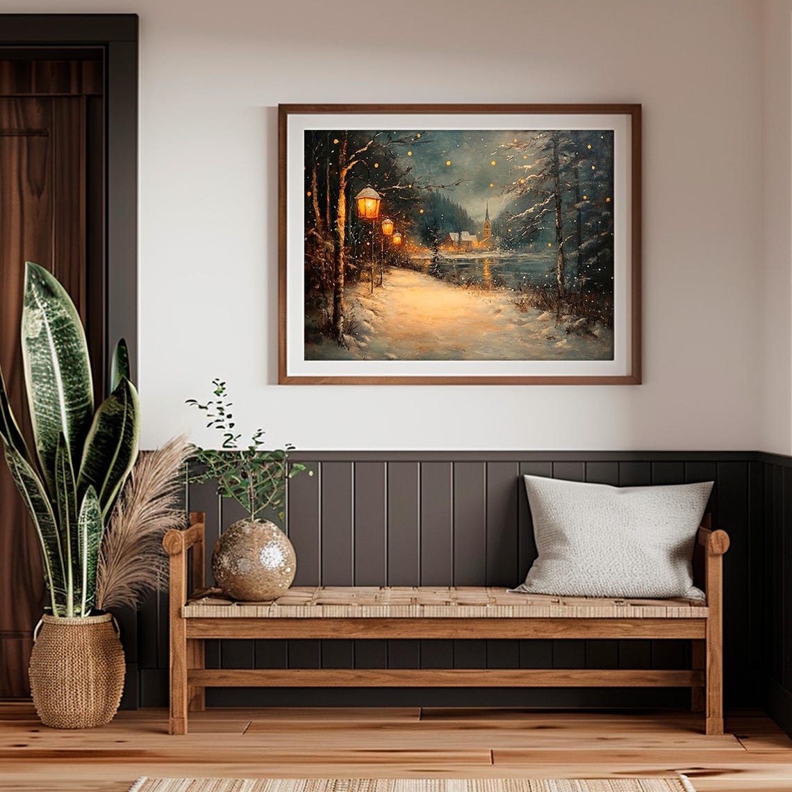 Snowy Lantern Path Silent Night Church Winter Landscape Poster - Image 4