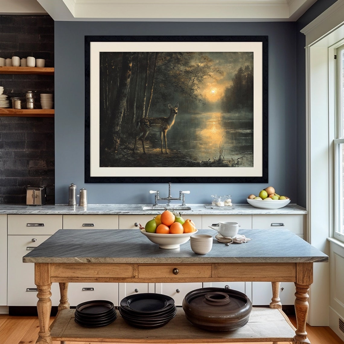 Deer By The Lake Sunset Reflection Dark Moody Forest Painting Poster - Image 4