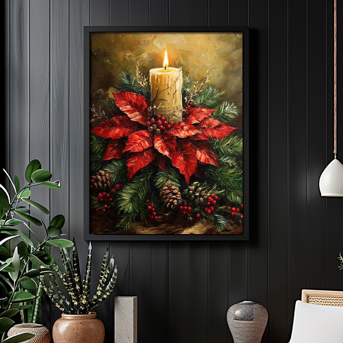 Christmas Candle Poinsettia Pinecones Holiday Still Life Poster - Image 6