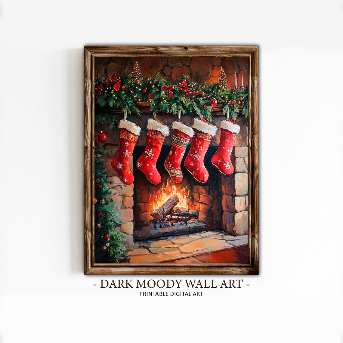Red Christmas Stockings Fireplace Garland Cozy Night Art Print