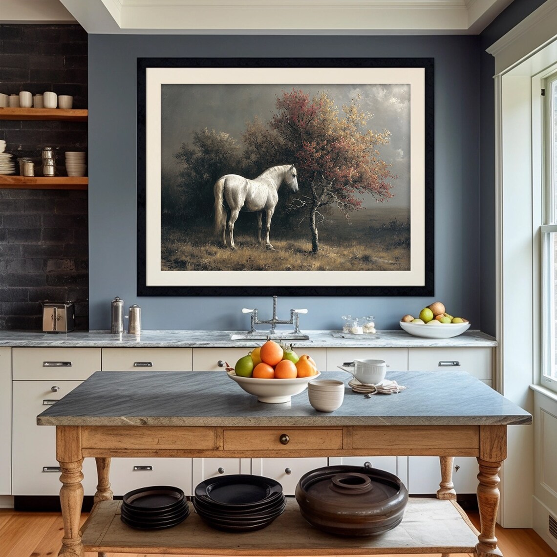 White Horse Standing In Dark Moody Field Vintage Oil Painting Poster - Image 4