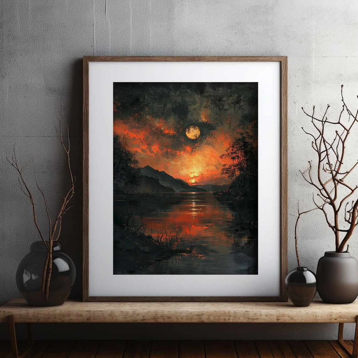 Sunset And Full Moon Painting Lake Landscape Print Dark Moody Art - Image 2