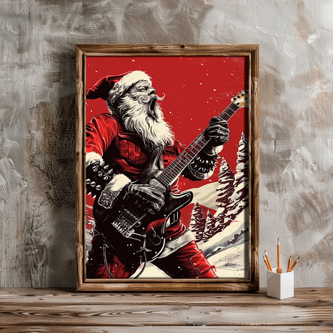 Punk Rock Santa Claus Electric Guitar Gig Red Snow Scene Art Print - Image 4