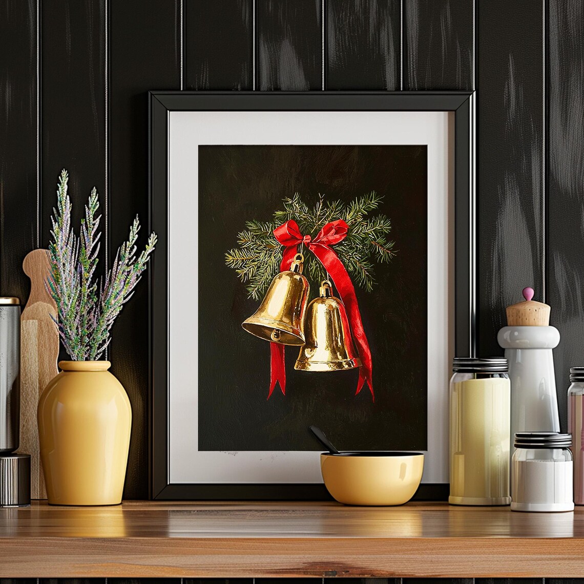 Vintage Gold Christmas Bells With Red Ribbon Pine Holiday Wall Art - Image 4