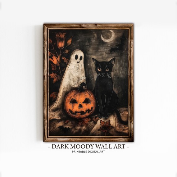 Ghost Black Cat Jack O Lantern Vintage Halloween Night Scene Poster