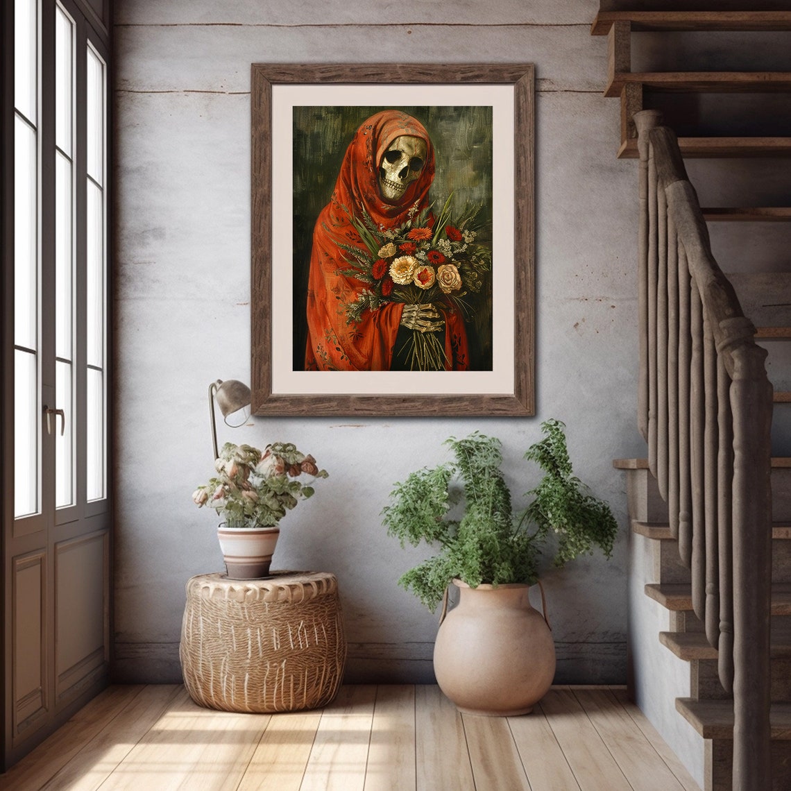 Santa Muerte Skeleton Red Robe Flower Bouquet Folk Art Poster - Image 5