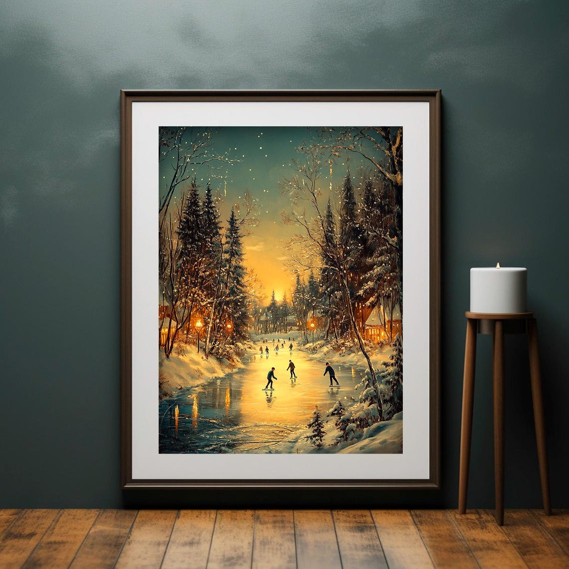 Sunset Frozen River Skaters Snowy Pines Winter Painting Poster - Image 4