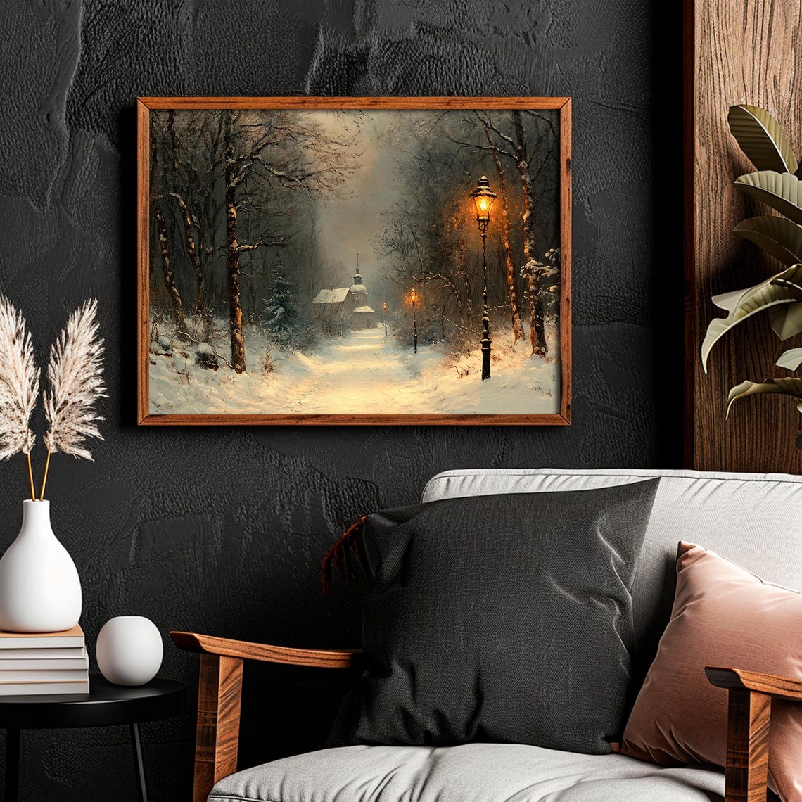 Snowy Lamplit Forest Path to Chapel Winter Night Painting Poster - Image 2
