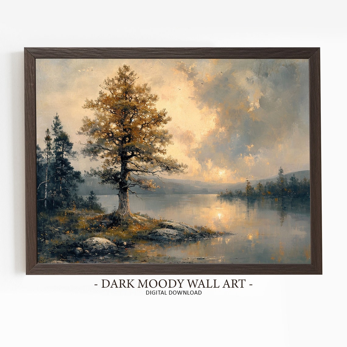 Lone Golden Tree Lake Sunset Rocks Moody Nature Landscape Poster