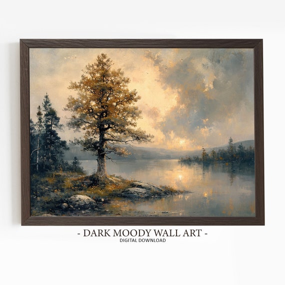 Moody Pine Tree Print Rustic Lake House Wall Decor Forest Sunset Painting Dark Cottagecore Art