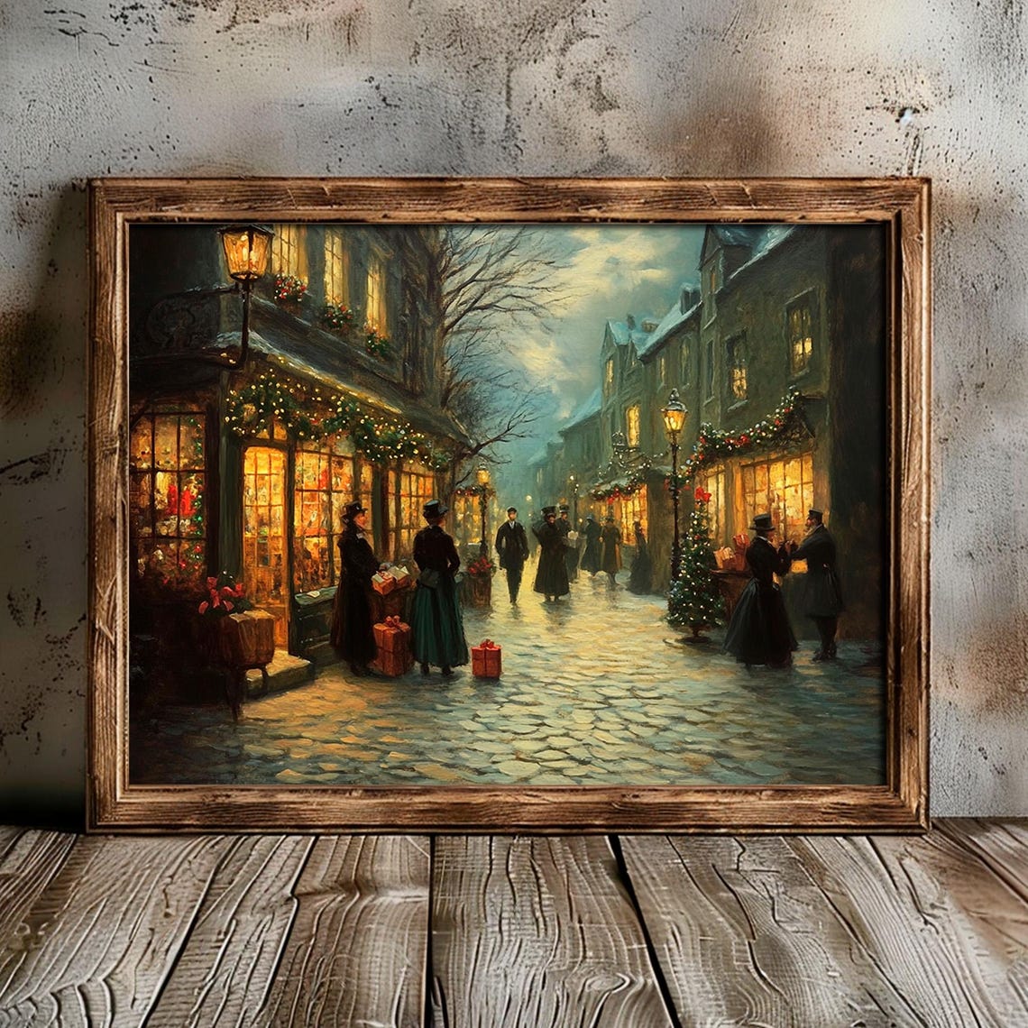 Victorian Christmas Shopping Street at Dusk With Lanterns Wall Art - Image 6