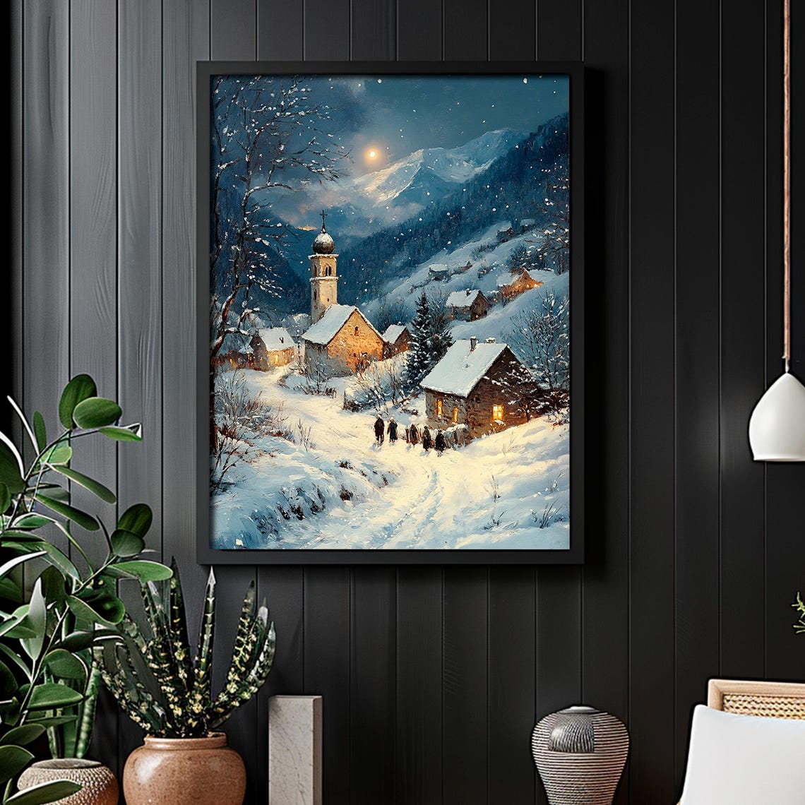 Alpine Village Moonlit Snow Night Winter Landscape Painting Poster - Image 5