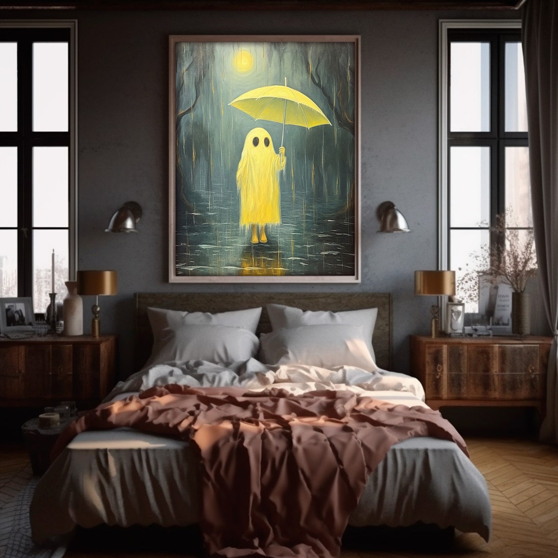 Cute Ghost Print Moody Haunted Halloween Art Gothic Ghost In The Rain Painting Decor - Image 5