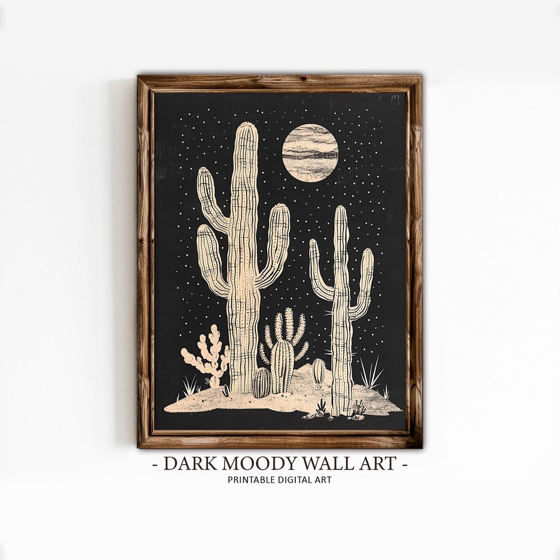 Saguaro Cactus Moon Night Line Art Black Background Desert Wall Art