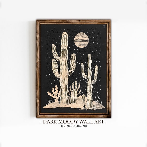 Saguaro Cactus Print Dark Mexican Wall Art Dark Academia Decor Gothic Flower Still Life Dark Moody Cactus Print
