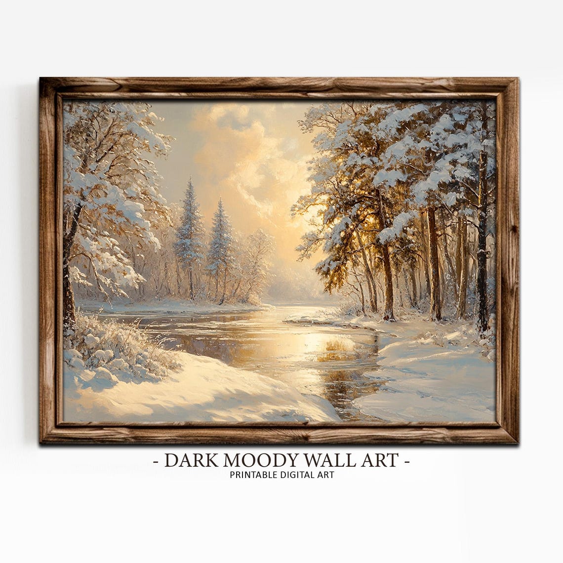 Snowy Winter Forest With Frozen River Golden Morning Light Wall Art
