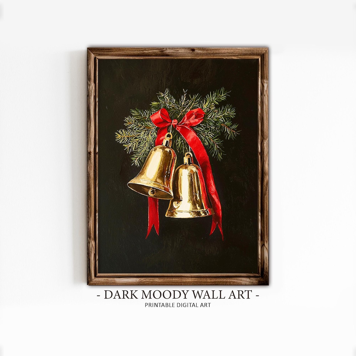 Vintage Gold Christmas Bells With Red Ribbon Pine Holiday Wall Art