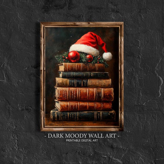 Christmas Book Print Stacked Books Wall Art Moody Christmas Book Stack With Santa Hat Art Vintage Christmas Dark Academia Decor