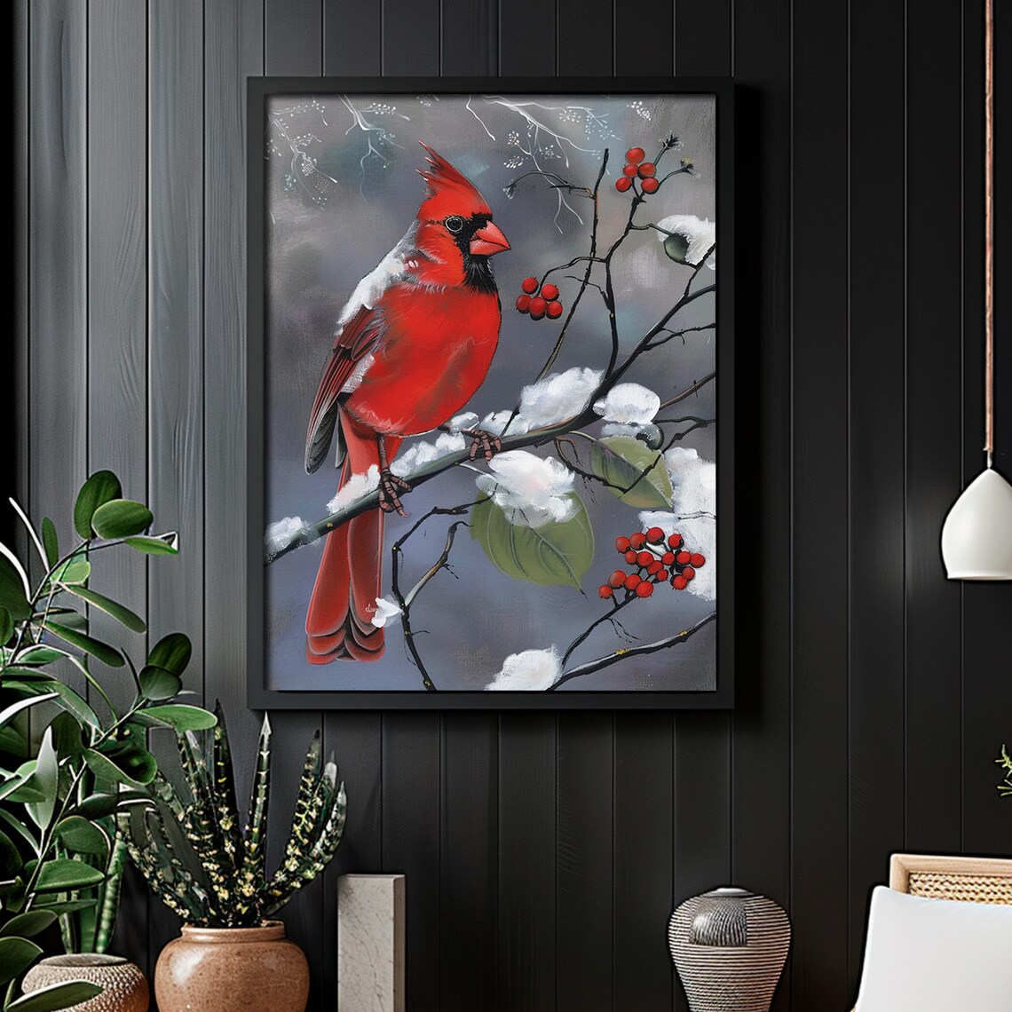 Red Cardinal Snow Winter Painting Red Berries Branch Bird Poster - Image 5