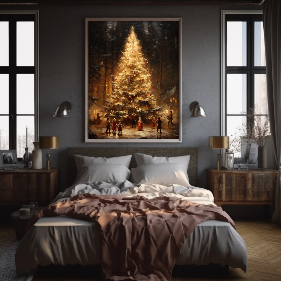 Victorian Christmas Tree Children Snowy Forest Painting Poster - Image 5