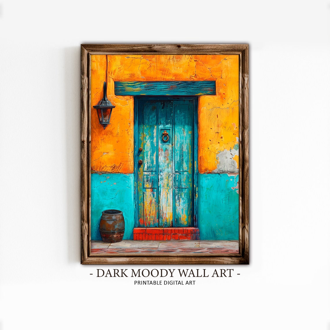 Turquoise Rustic Door Orange Wall Lantern Mexican Charm Art Poster