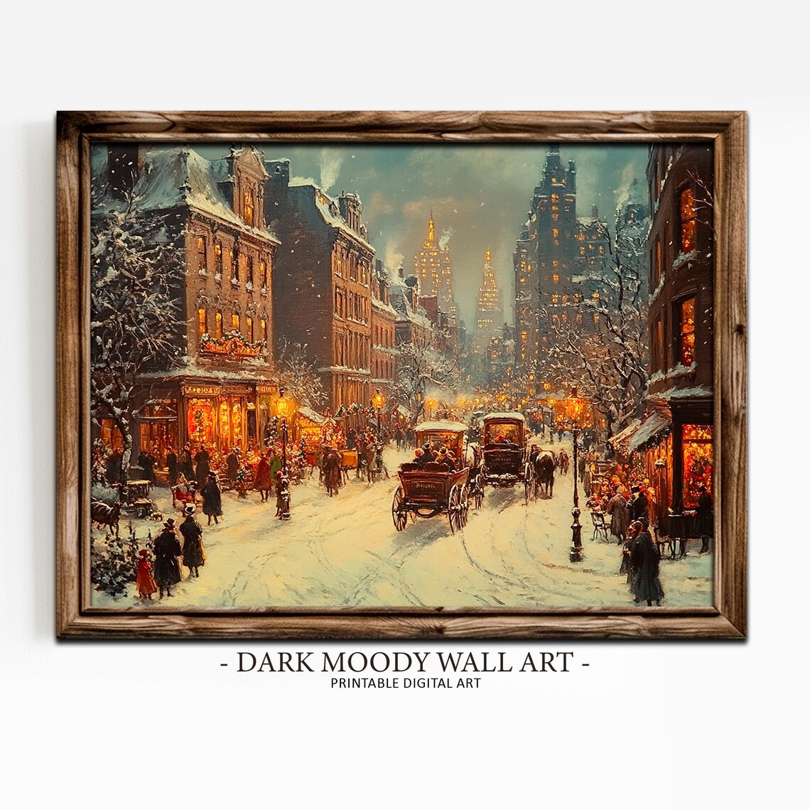 Victorian Shopping Street Carriages Snowy Dusk City Lane Poster