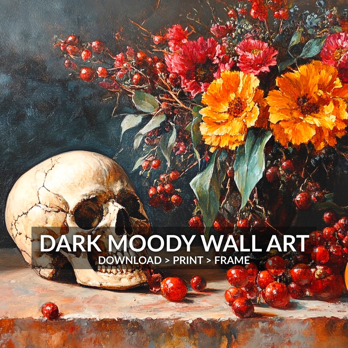 Skull and Autumn Flowers Still Life Moody Floral Botanical Art Poster - Image 6