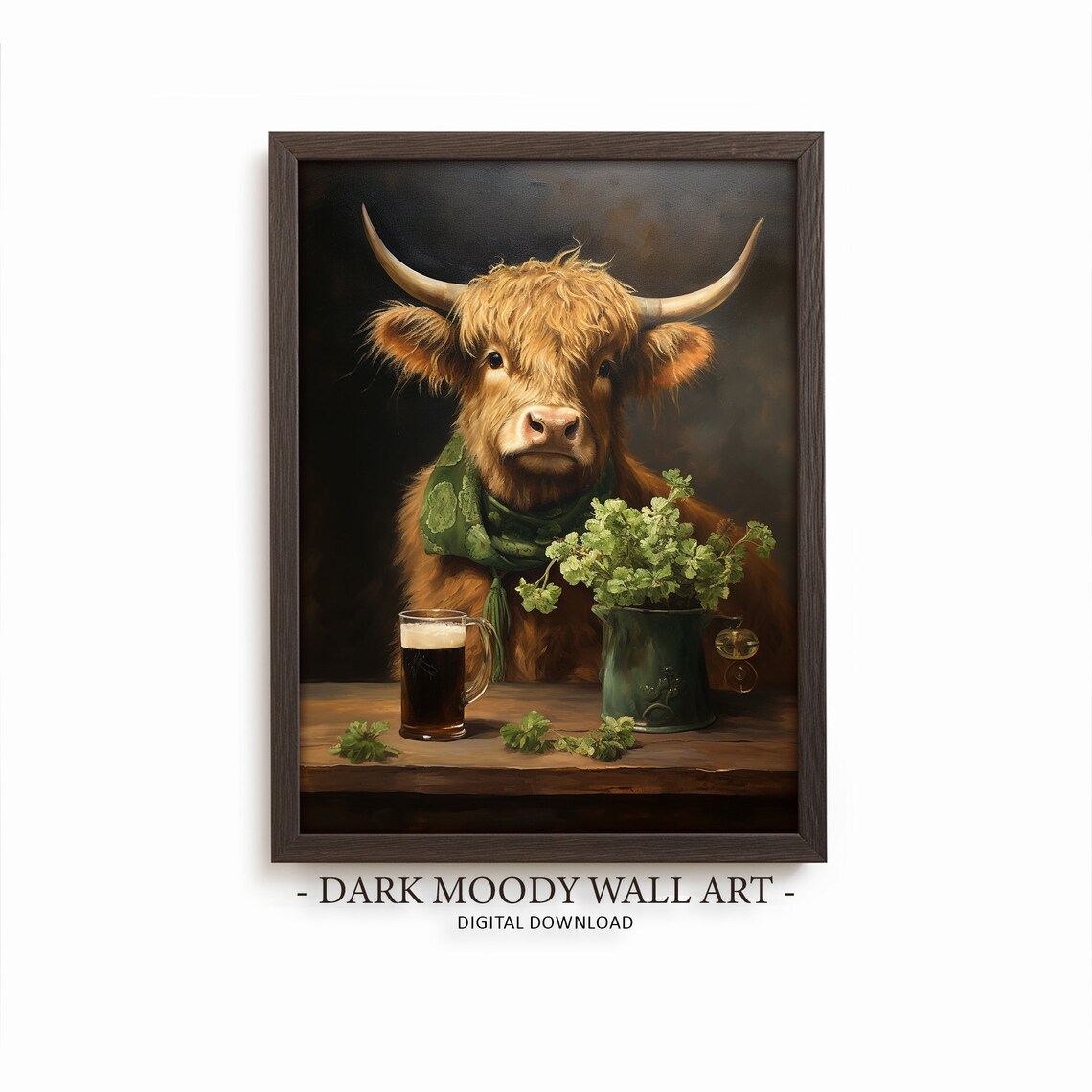 St. Patrick's Day Rustic Clover Highland Cow Art