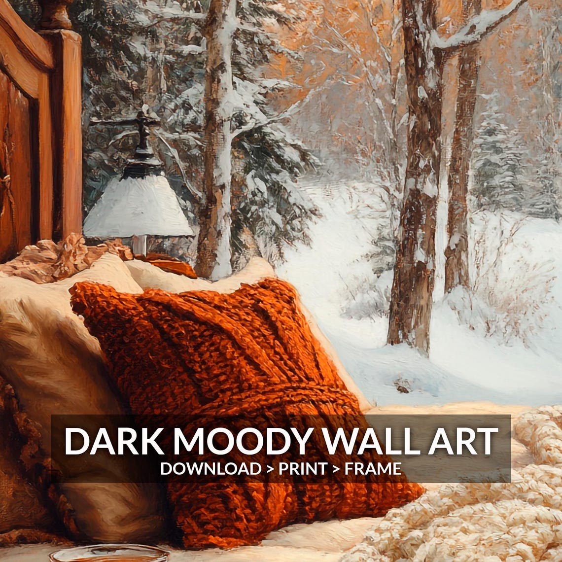 Cozy Winter Bedroom Tea Cup Knit Pillows Snowy Forest View Poster - Image 6