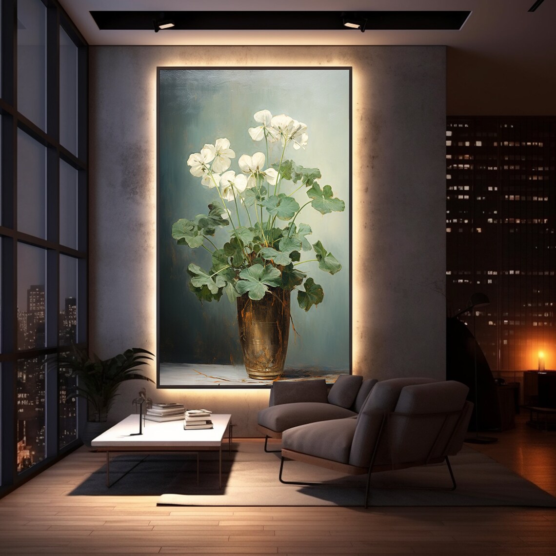 White Flowers Vase Dark Moody Botanical Still Life Painting Poster - Image 3