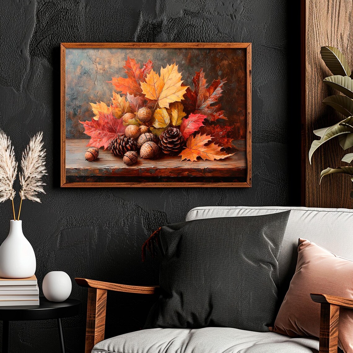 Fall Leaves With Acorns Pinecones on Wooden Table Vintage Still Life Poster - Image 3