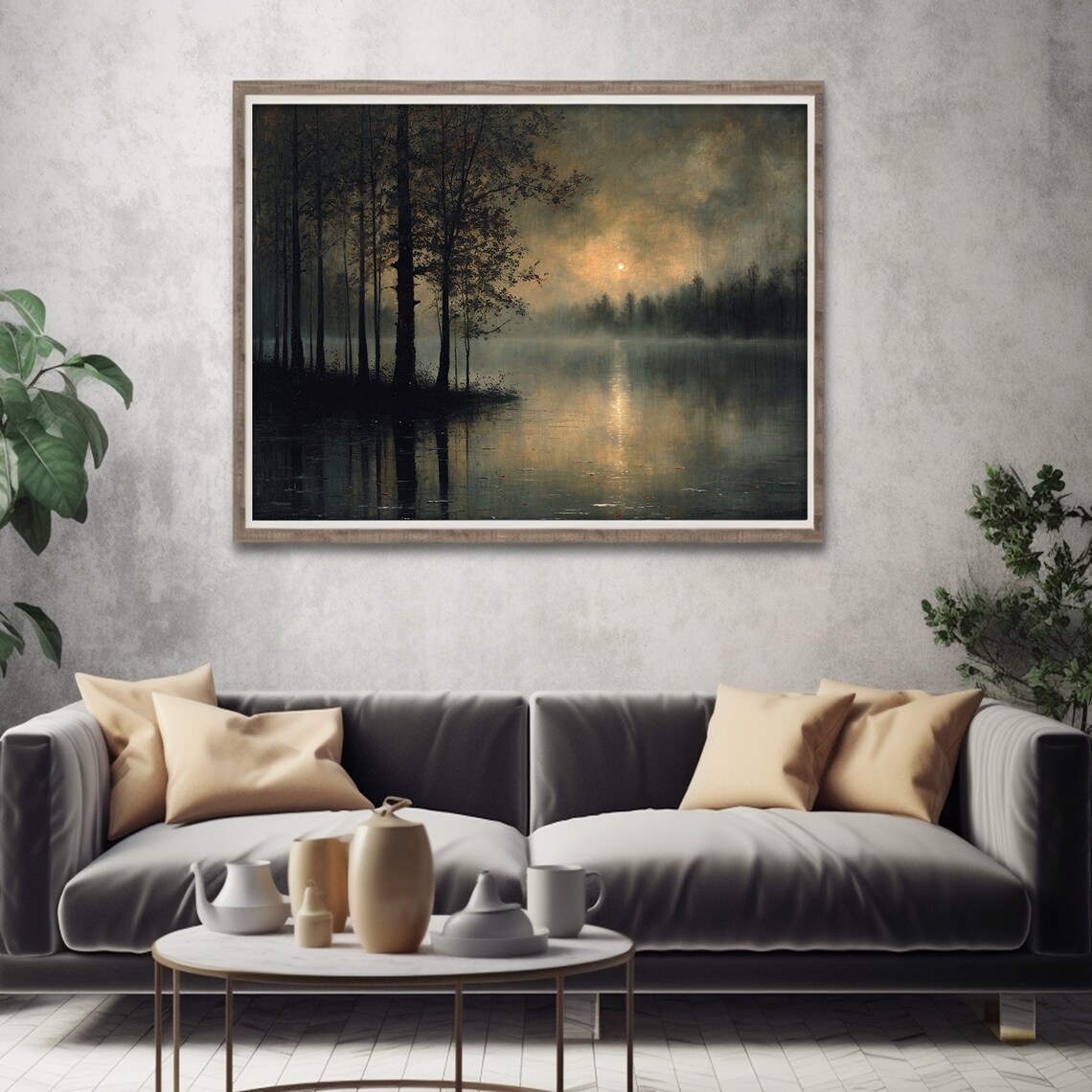 Moody Lake At Dusk Forest Landscape Art Print - Image 4