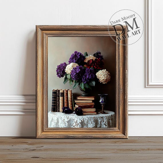 Hydrangeas Books Dark Academia Floral Still Life Art Print