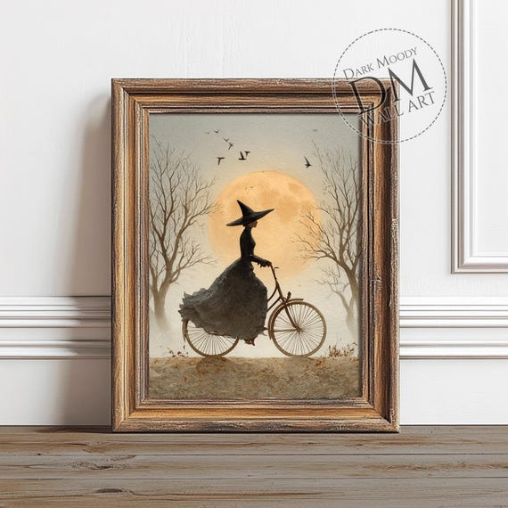 Witch On Bicycle Halloween Poster Print, Moody Autumn Moon