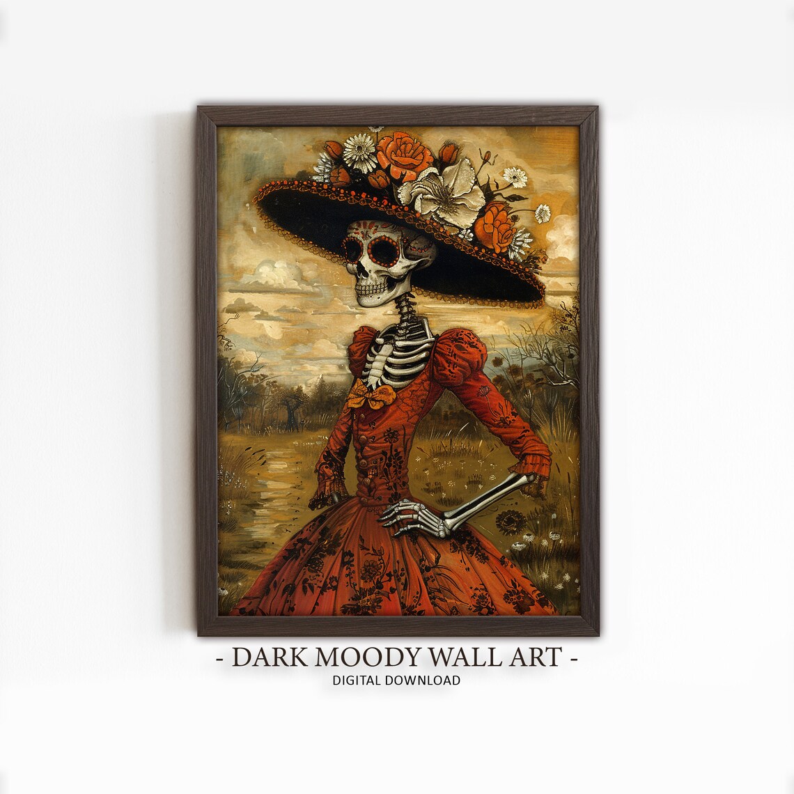 Dia De Los Muertos Catrina Skeleton Red Dress Mexican Folk Art Poster
