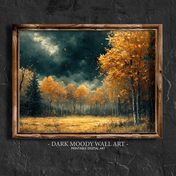 Golden Birch Forest Dark Stormy Sky Falling Leaves Moody Painting Poster