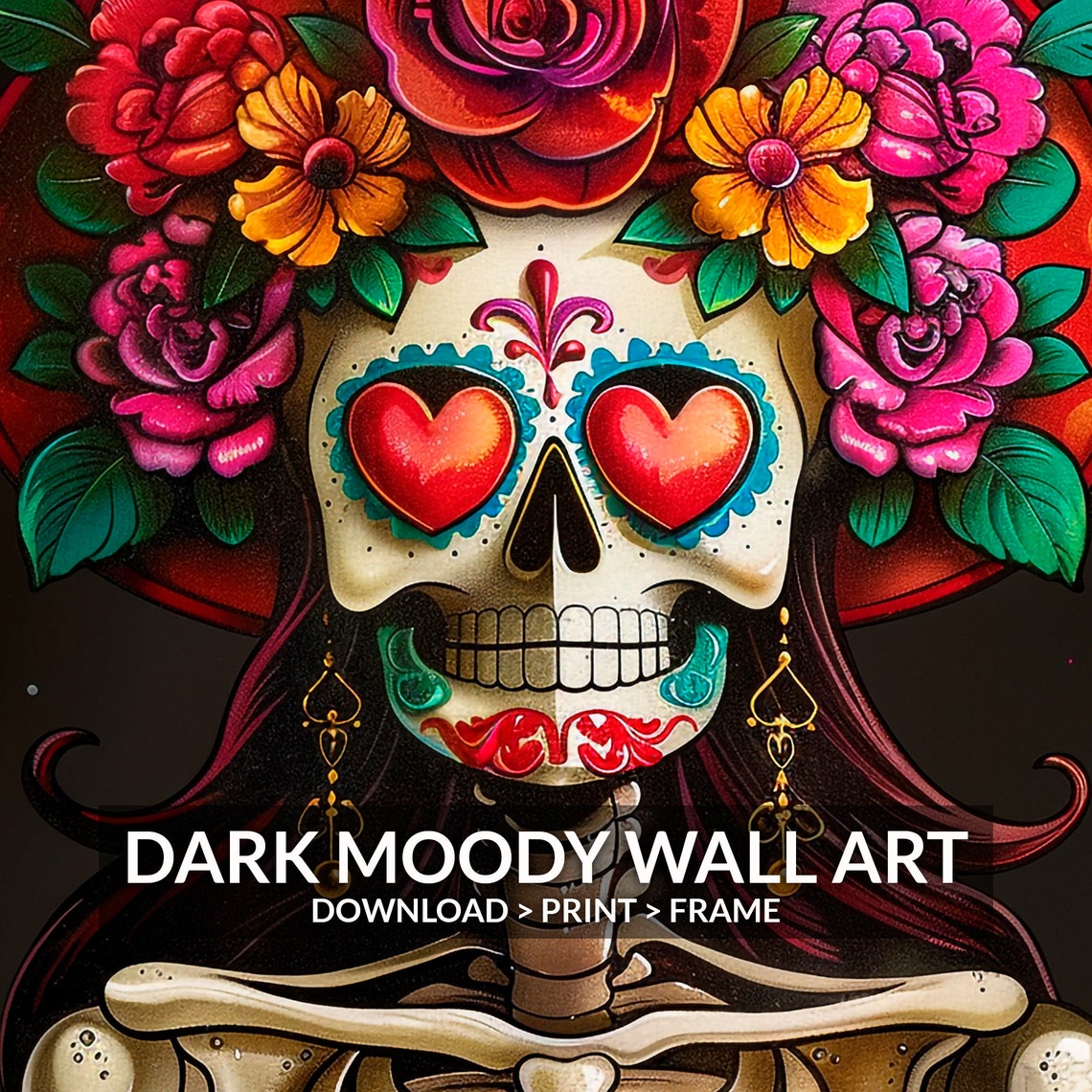 Day Of The Dead Catrina Skeleton Heart Eyes Flower Crown Art Print - Image 6