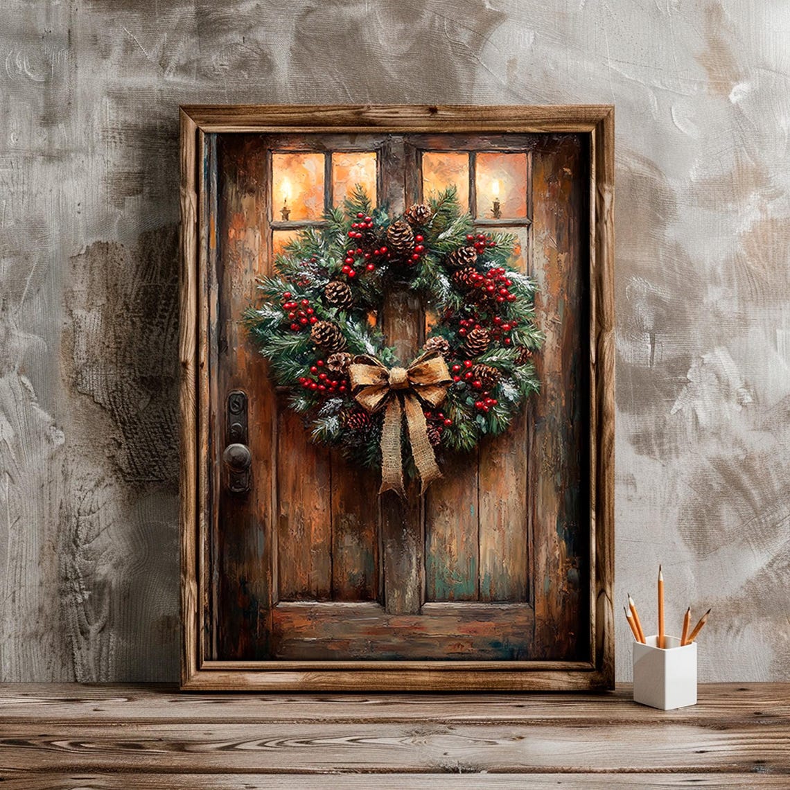 Christmas Wreath on Rustic Wooden Door Candlelit Holiday Wall Art - Image 6