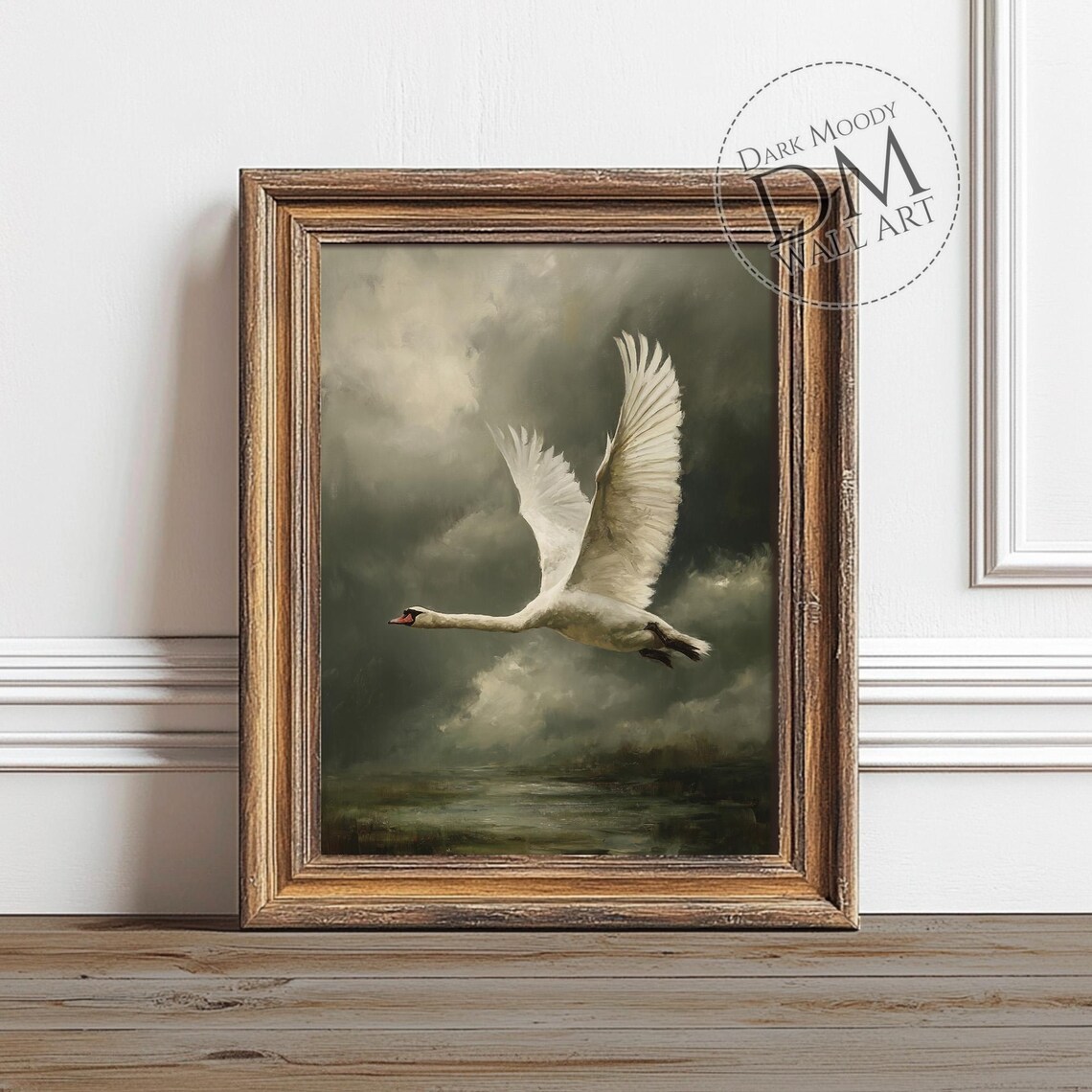 Flying Swan Poster, Moody Lake Bird Nature