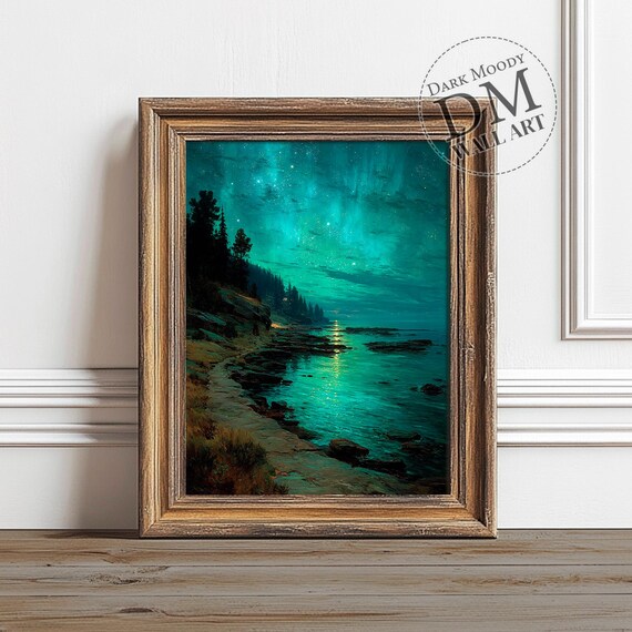 Aurora Borealis Wall Art Starry Night Ocean Landscape Print