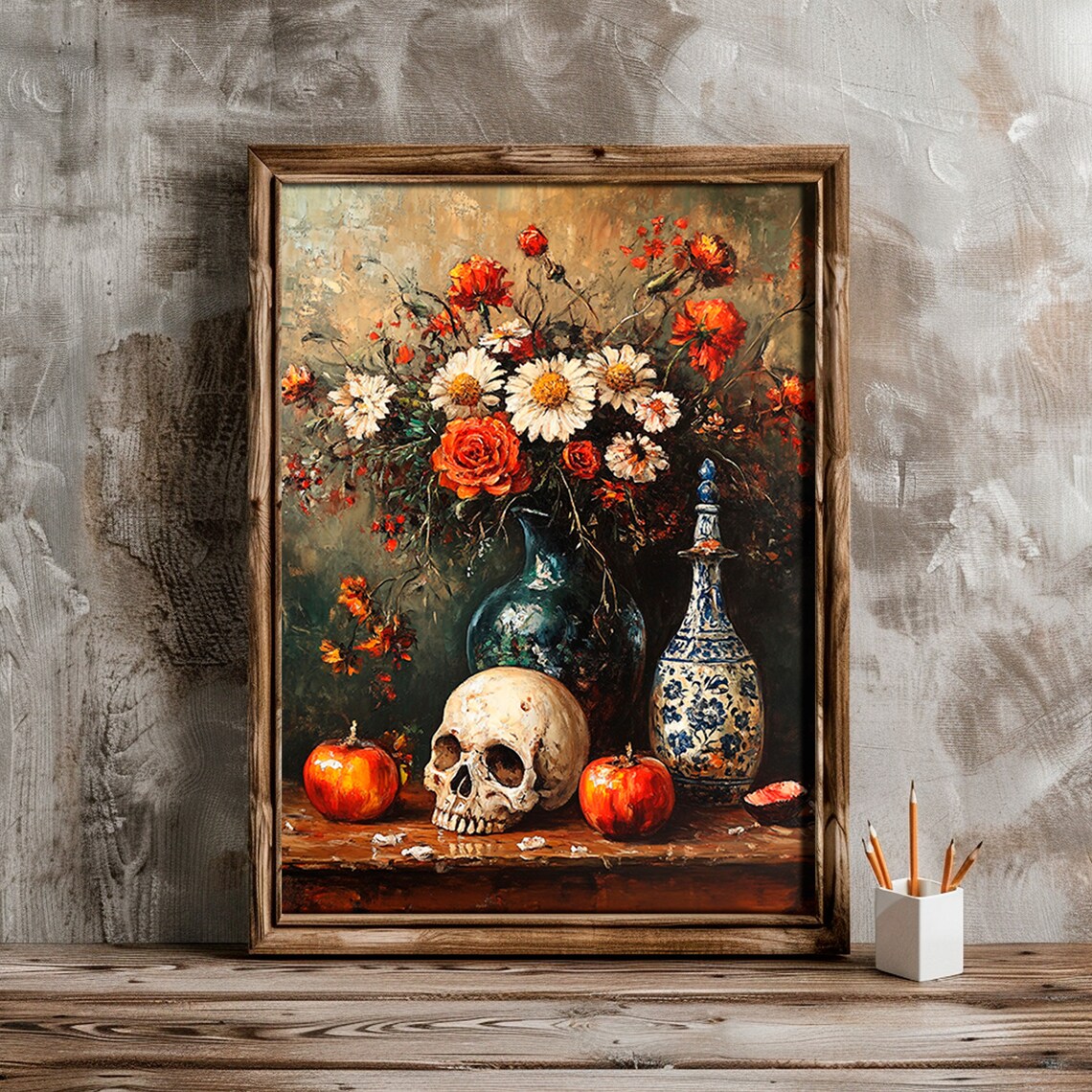Gothic Skull Flower Still Life Vanitas Oil Painting Art Print - Image 3
