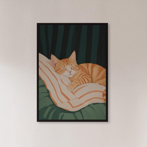 Sleeping Orange Tabby Cat on Striped Pillow Cozy Bedtime Art Poster