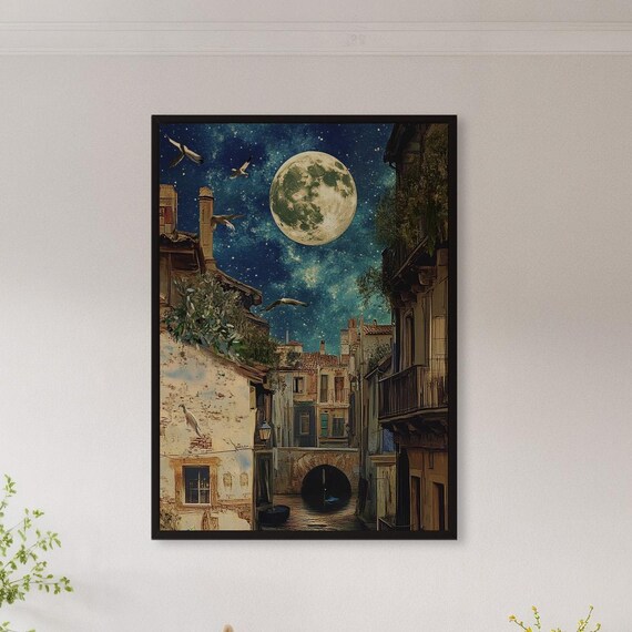 Moonlit Venice Canal Night Poster Starry Sky Mystical Travel Decor