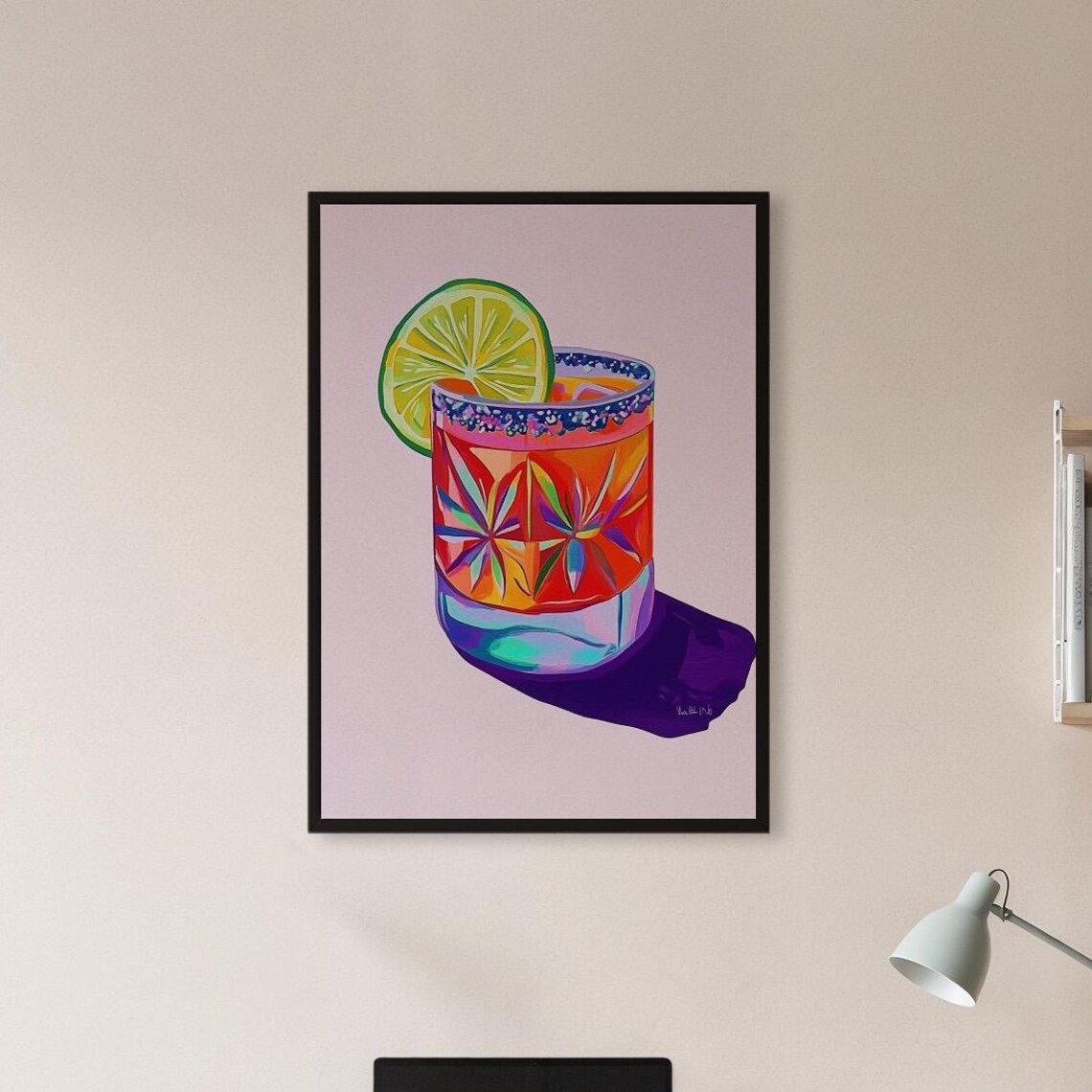 Colorful Margarita Cocktail Glass with Lime Wedge Neon Bar Art Poster