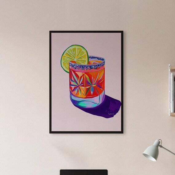 Colorful Margarita Cocktail Glass with Lime Wedge Neon Bar Art Poster