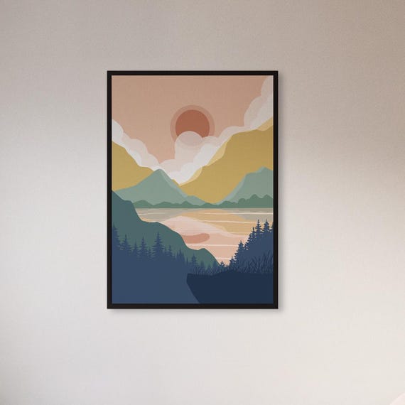 Framed Colorful Landscape Wall Art Print Minimalist Mountain Lake Sunset Poster Nature Inspired Decor Gift For Cabin Home Or Office