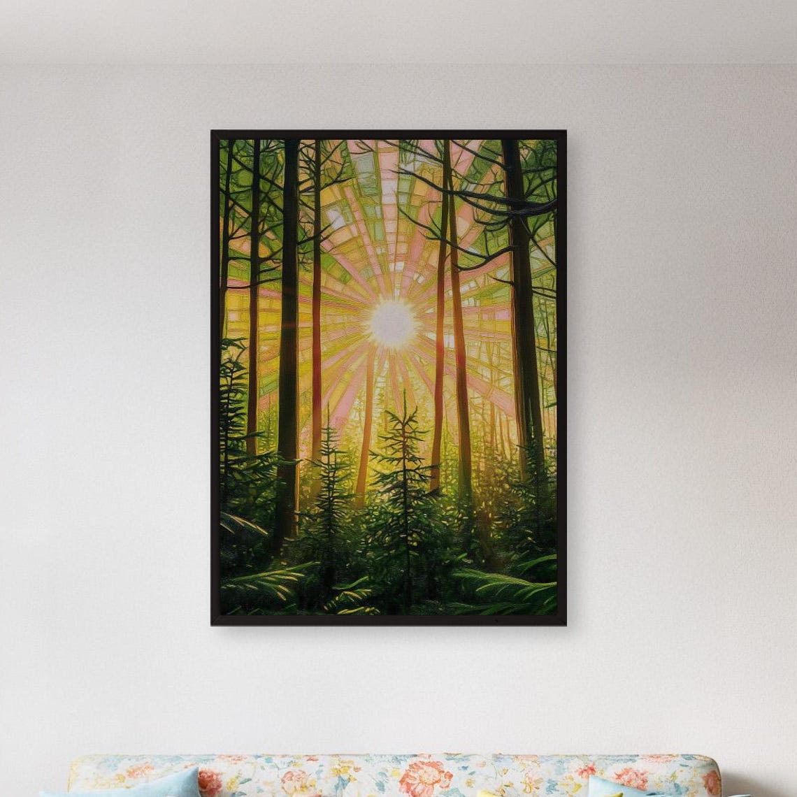 Sunlit Forest Rays Poster Lush Green Woodland Nature Wall Decor