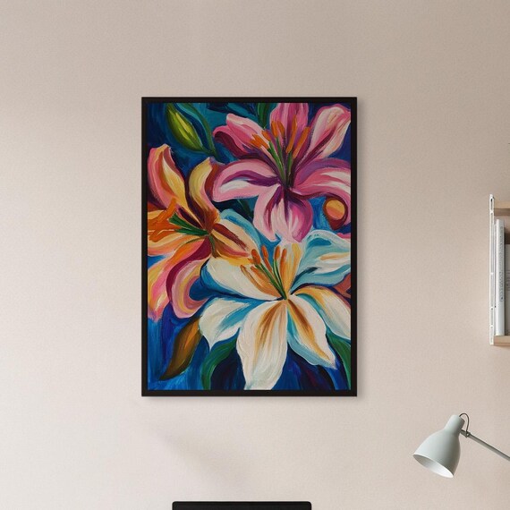 Colorful Lily Flower Wall Art Print Framed Bold Floral Painting Vibrant Botanical Decor For Modern Living Room Or Birthday Gift Her