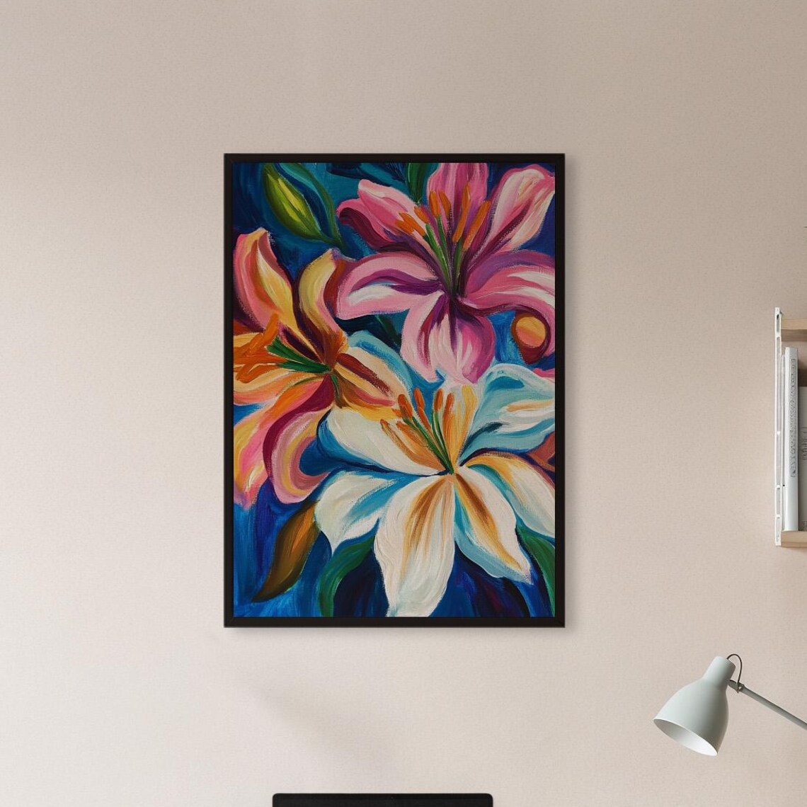 Colorful Lily Flowers Bold Floral Oil Painting Vibrant Blue Art Poster
